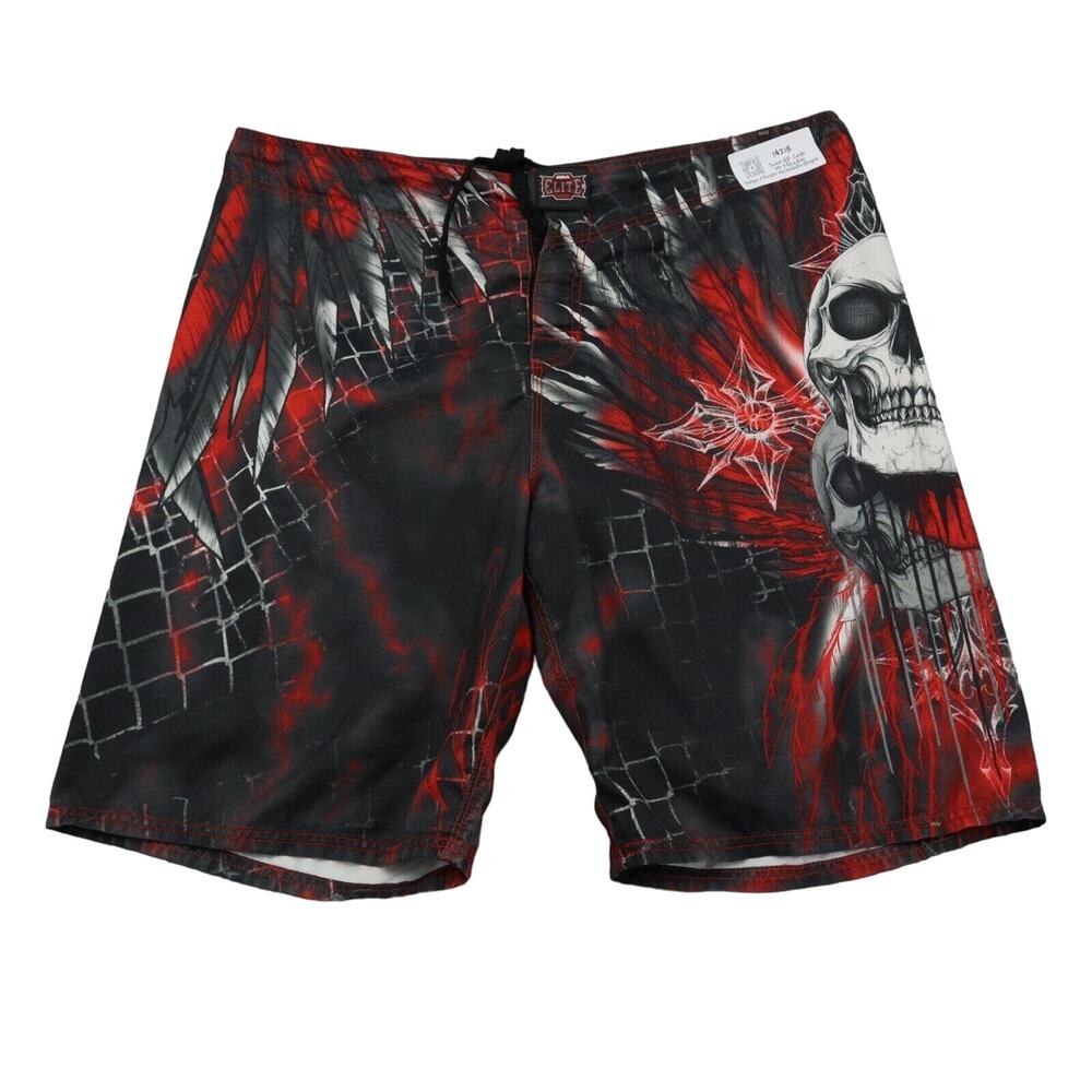 MMA Elite Shorts Mens XL Black Red Board Short Drawstring Graphic Print Skull